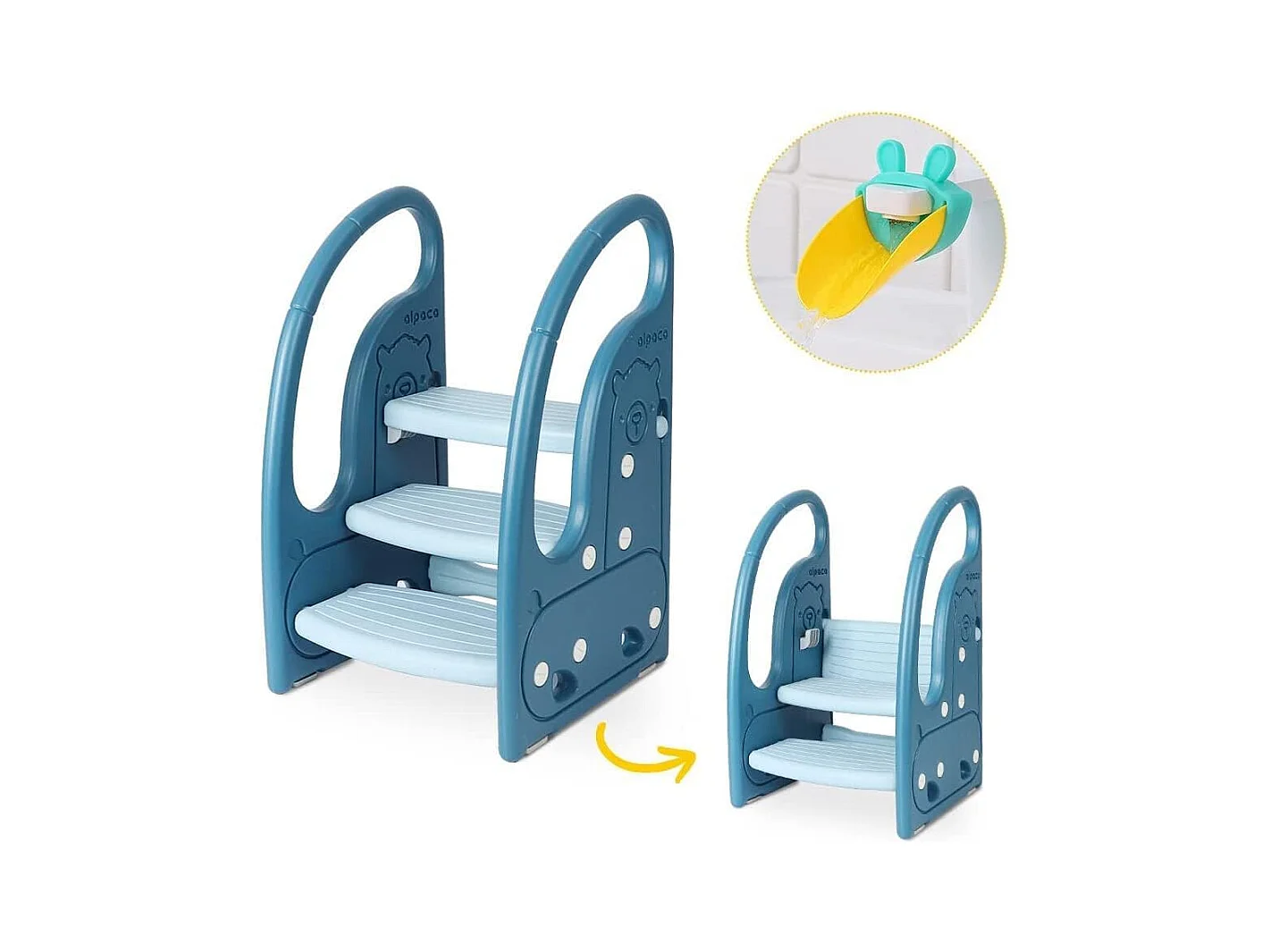 Onasti Escabeau réglable en hauteur à trois niveaux pour enfants avec barre de confort, de 1,5 à 6 ans (Bleu)