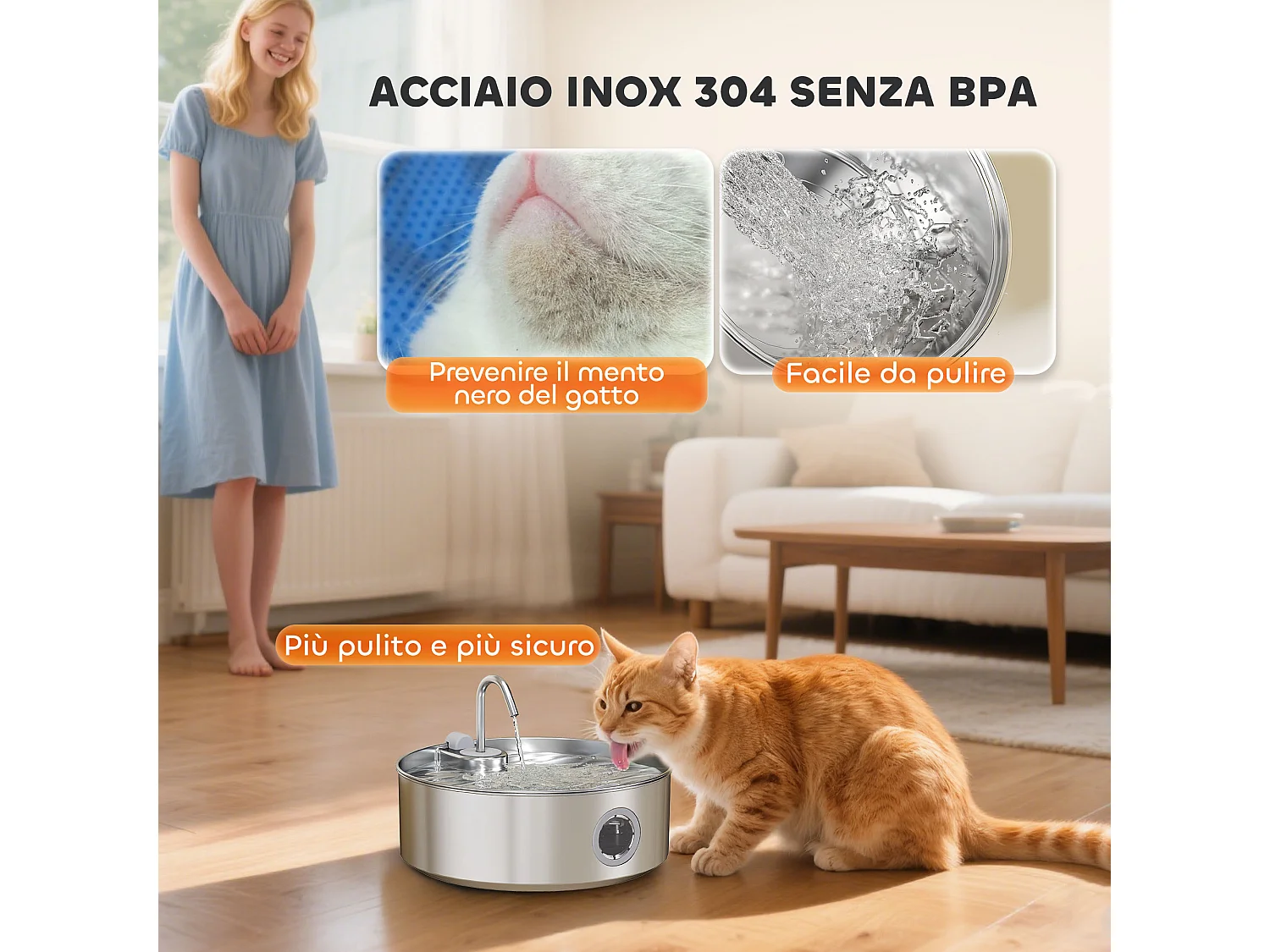 Fontanella per gatto da 7l con luce led 30.5x31.2x19.3 cm argento
