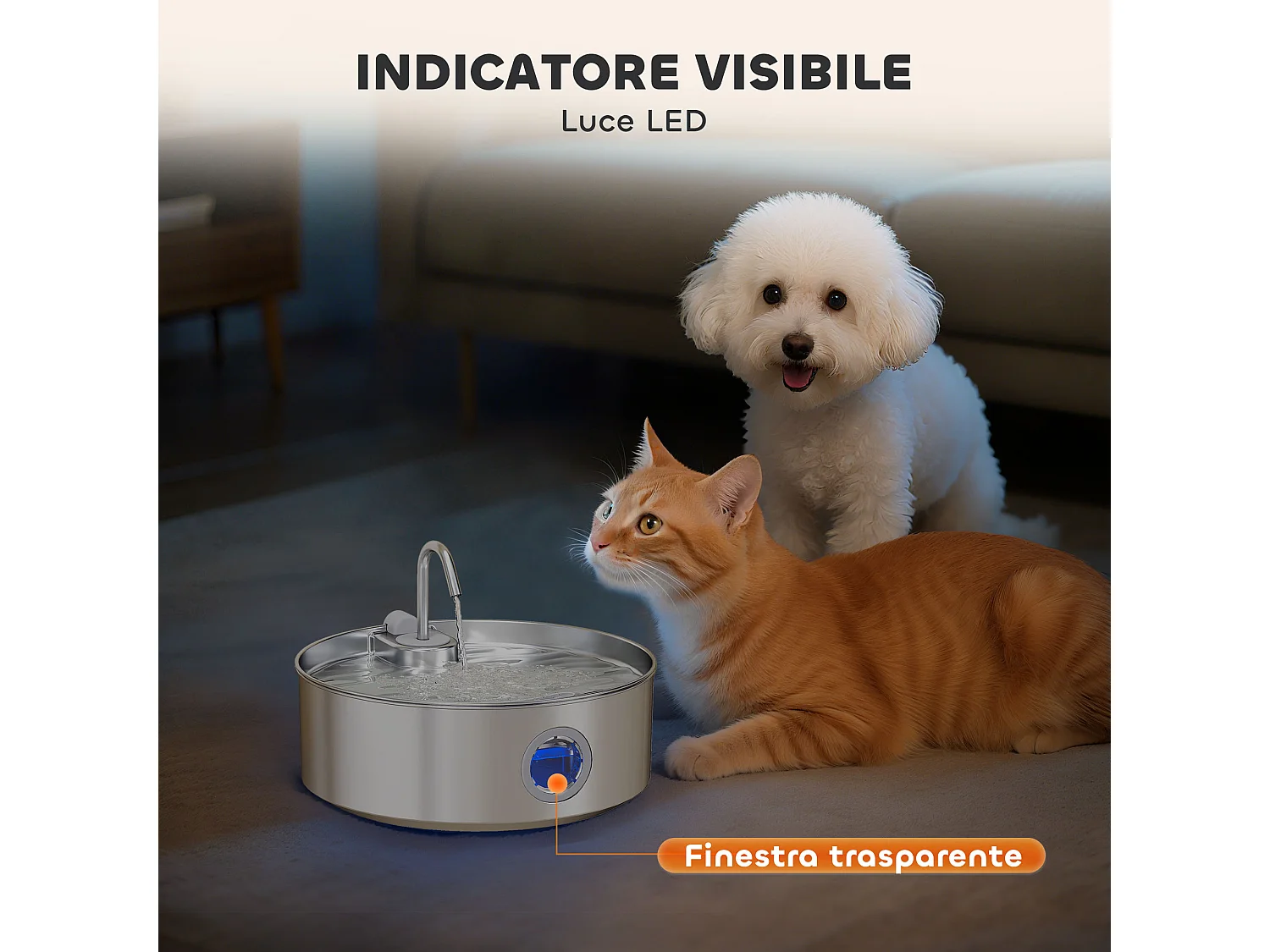 Fontanella per gatto da 7l con luce led 30.5x31.2x19.3 cm argento