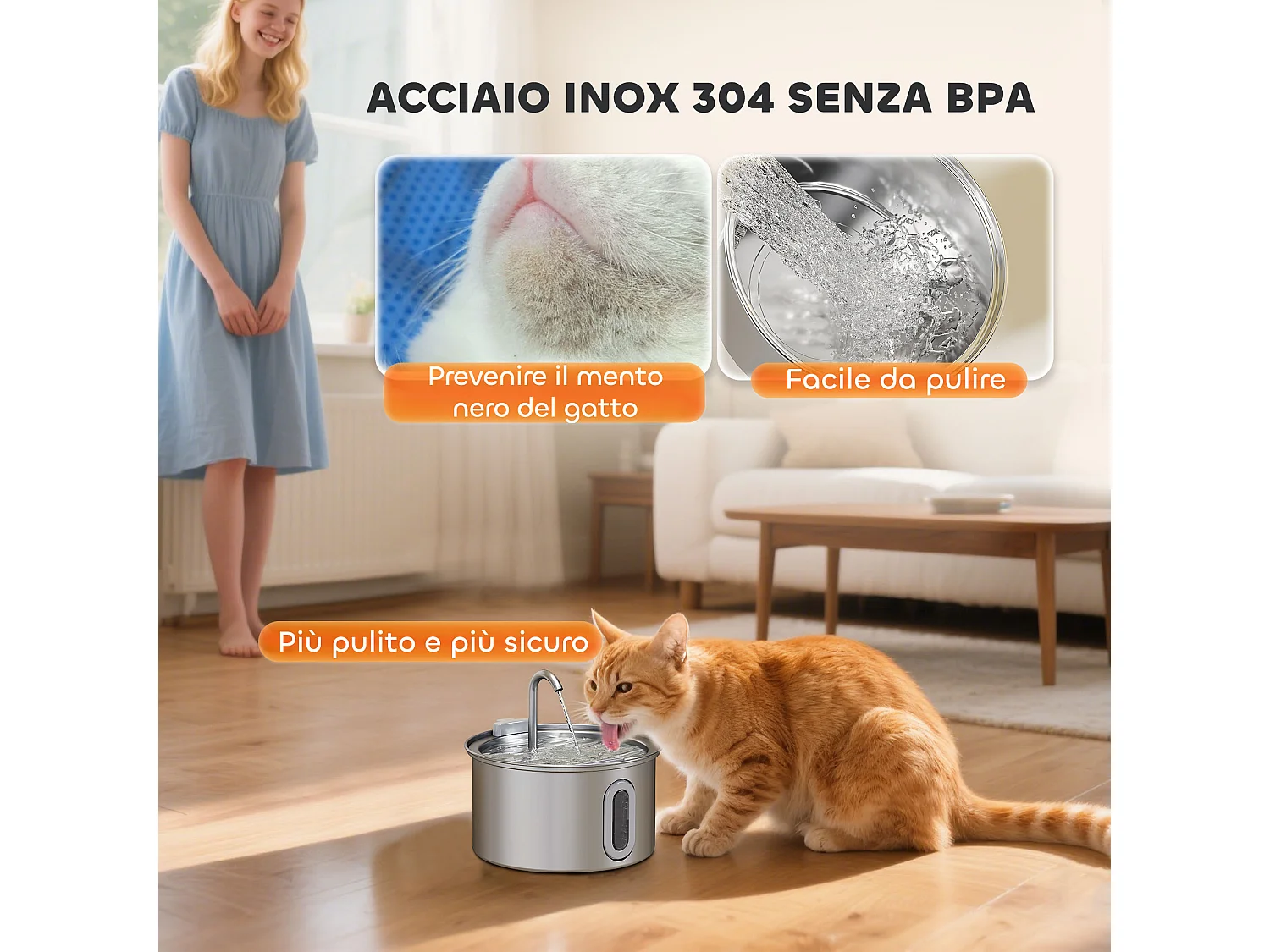 Fontanella per gatto da 2.5l con luce led 19.4x19.4x18.7 cm, argento
