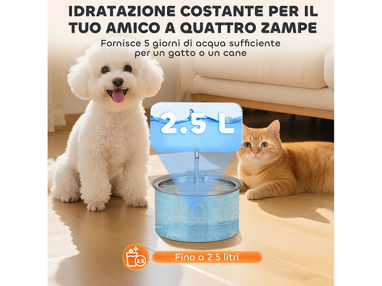 Fontanella per gatto da 2.5l con luce led 19.4x19.4x18.7 cm, argento