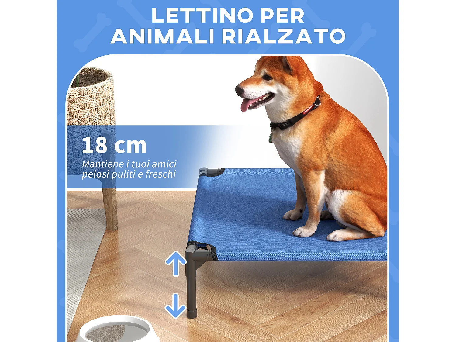Lettino per cani rialzato pieghevole da interno ed esterno 76x61x18cm blu