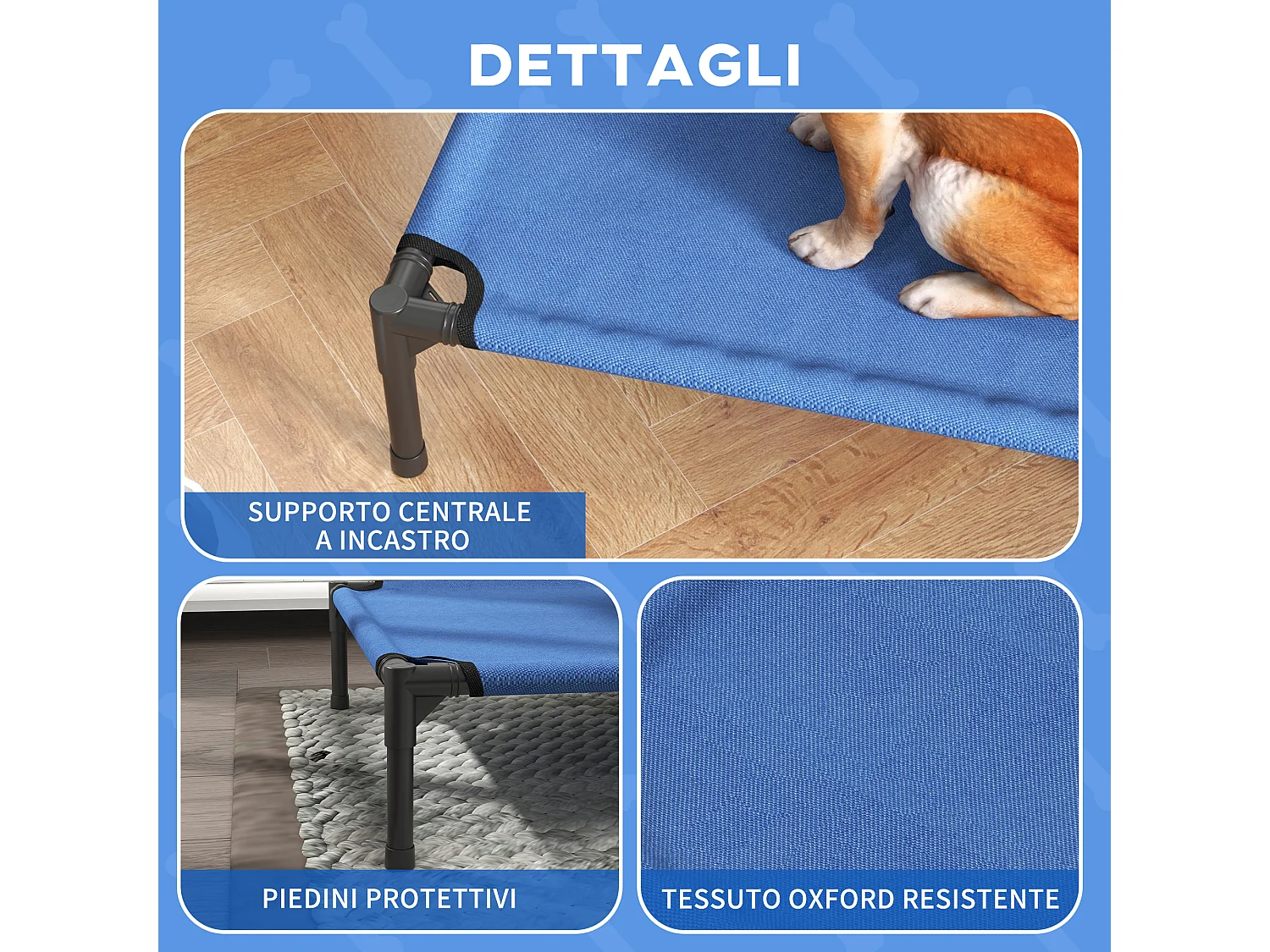 Lettino per cani rialzato pieghevole da interno ed esterno 76x61x18cm blu