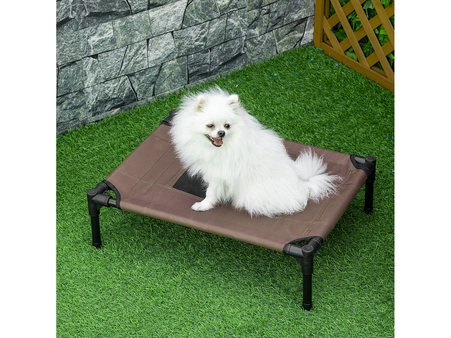 Lettino per cani rialzato e portatile con seduta traspirante nero e caffè