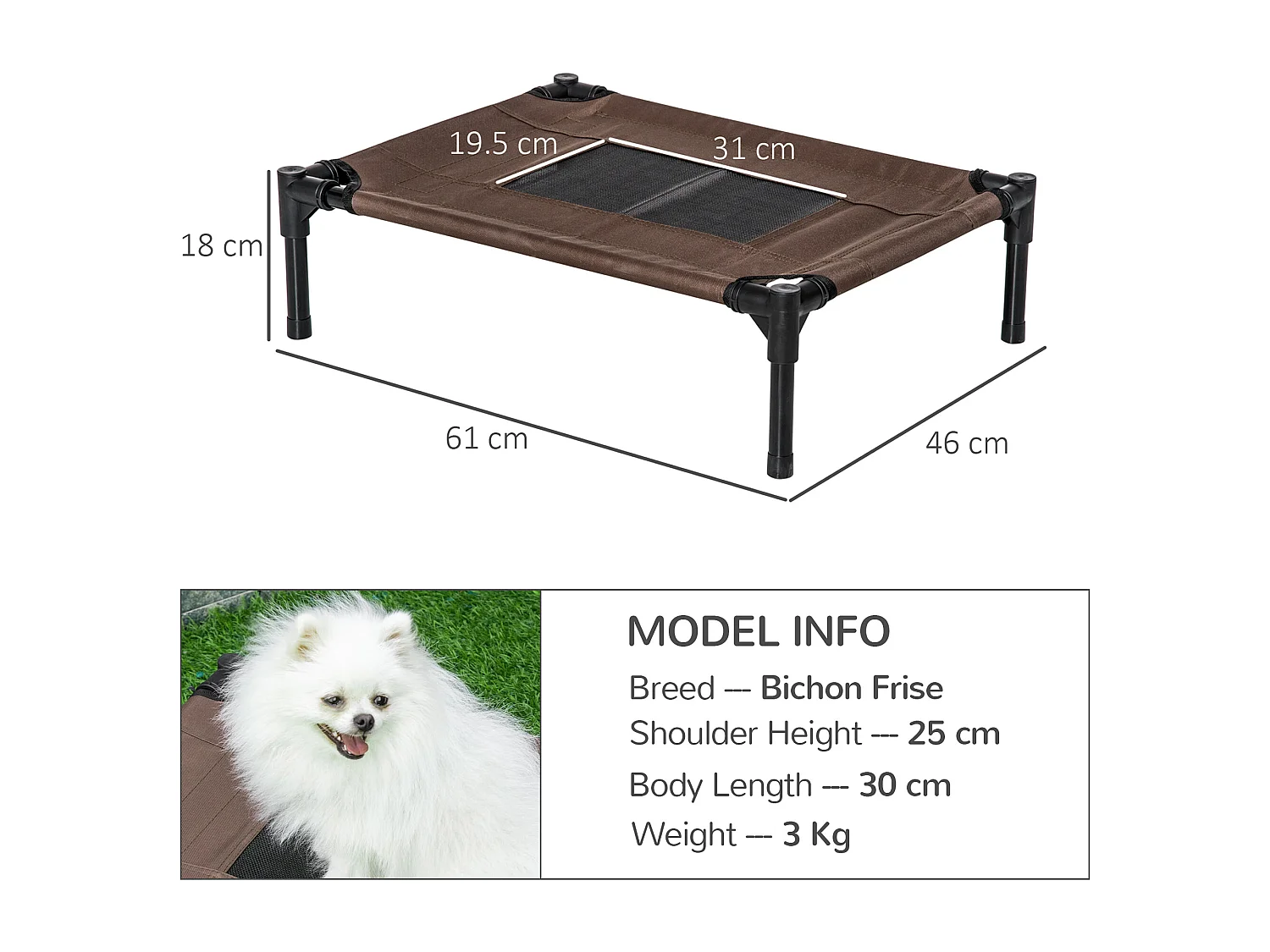 Lettino per cani rialzato e portatile con seduta traspirante nero e caffè