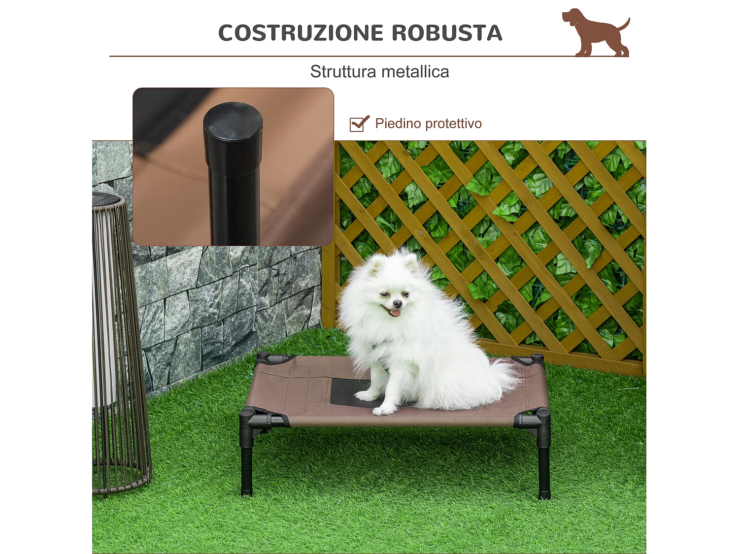 Lettino per cani rialzato e portatile con seduta traspirante nero e caffè