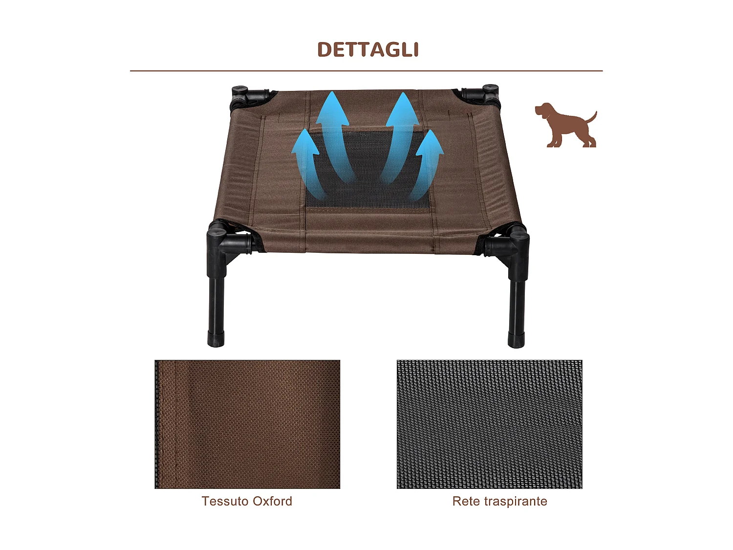 Lettino per cani rialzato e portatile con seduta traspirante nero e caffè