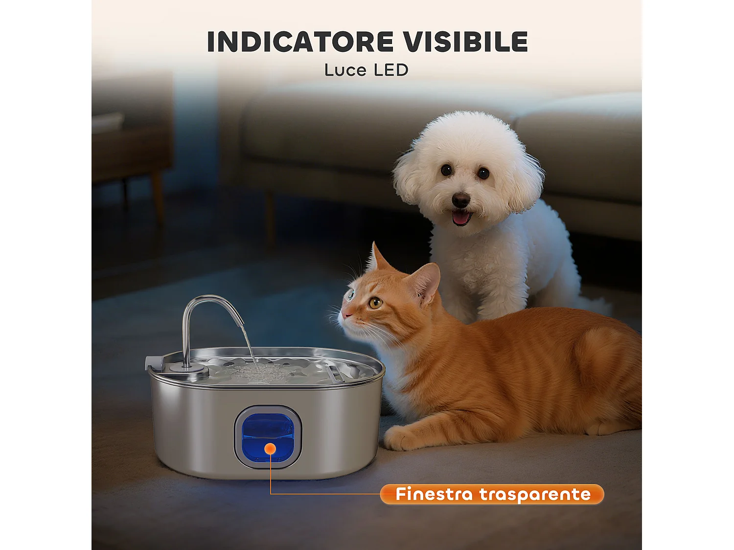 Fontanella per gatto da 7l con luce led 32x22.1x22.3 cm argento