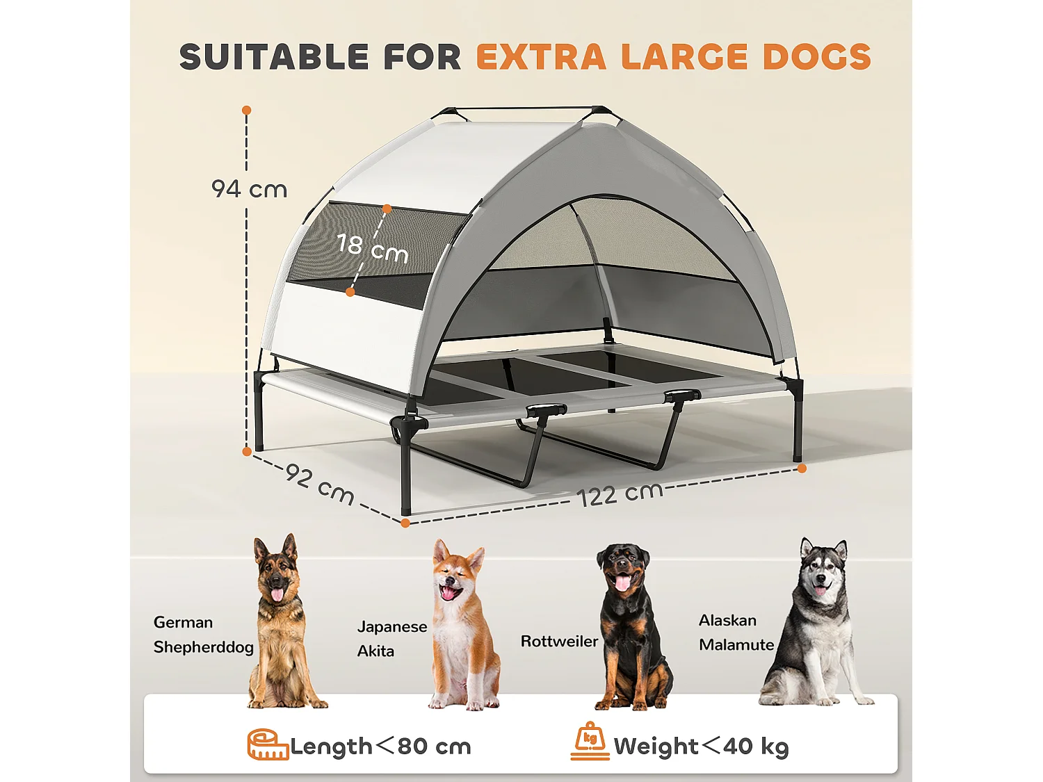 Lettino per cani rialzato con copertura a 3 lati rimovibile grigio e nero