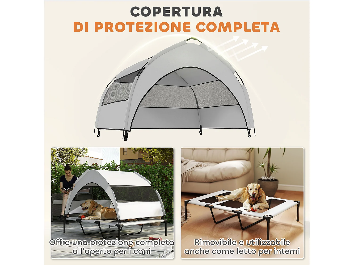 Lettino per cani rialzato con copertura a 3 lati rimovibile grigio e nero