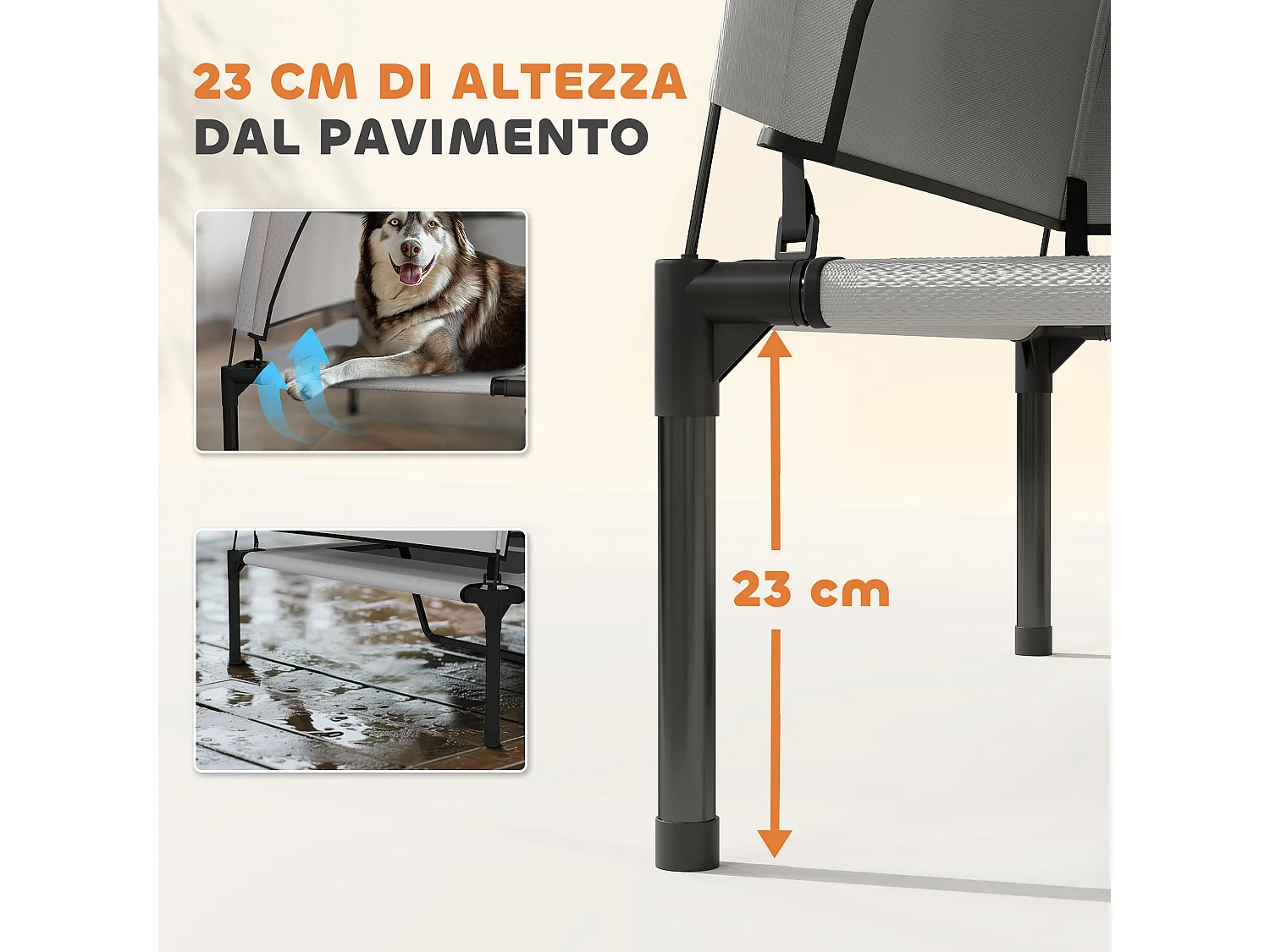 Lettino per cani rialzato con copertura a 3 lati rimovibile grigio e nero