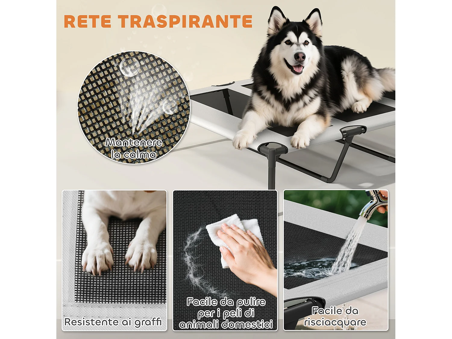 Lettino per cani rialzato con copertura a 3 lati rimovibile grigio e nero