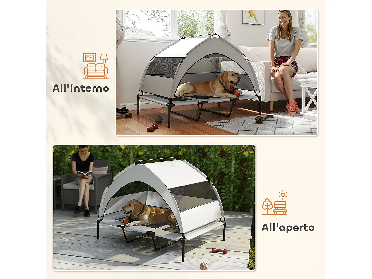 Lettino per cani rialzato con copertura a 3 lati rimovibile grigio e nero