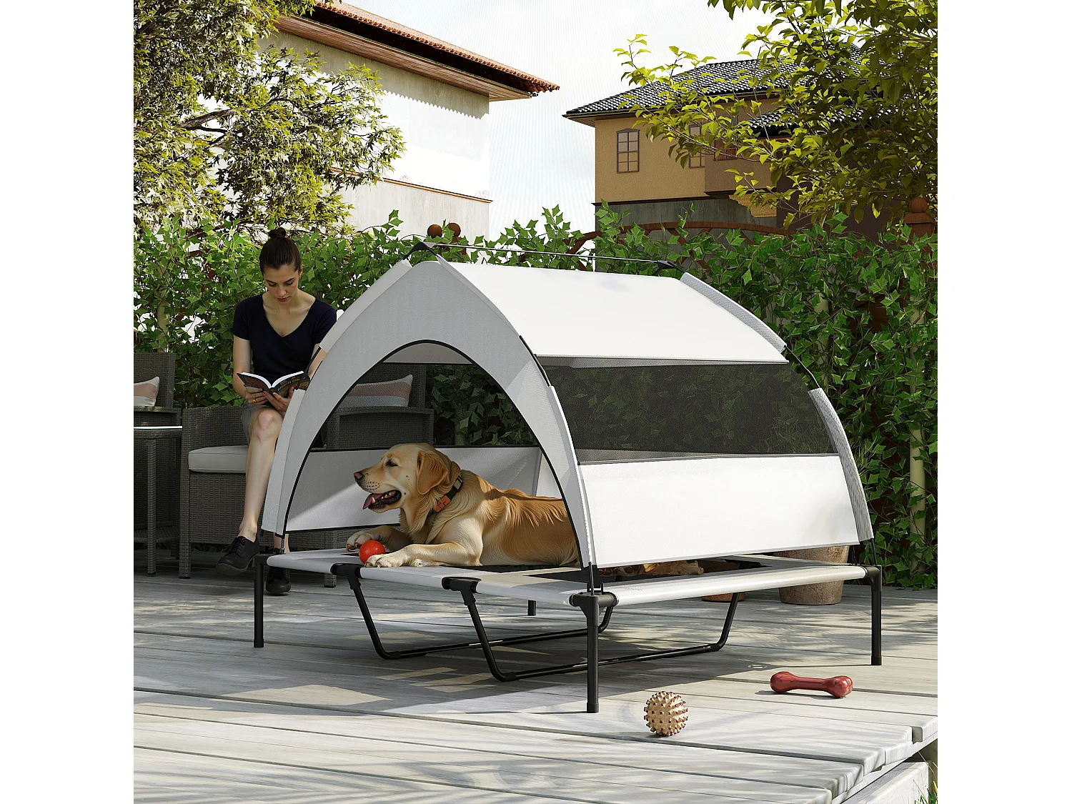 Lettino per cani rialzato con copertura a 3 lati rimovibile grigio e nero