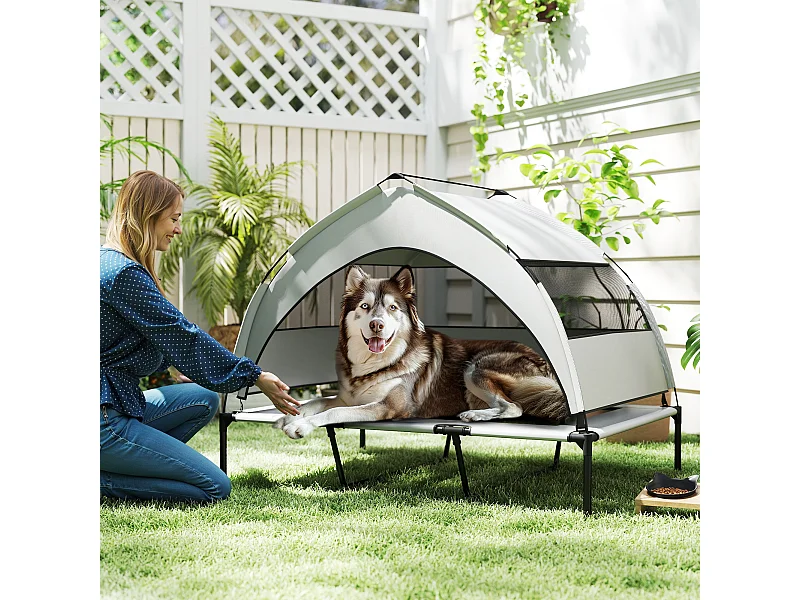 Lettino per cani rialzato con copertura a 3 lati rimovibile grigio e nero