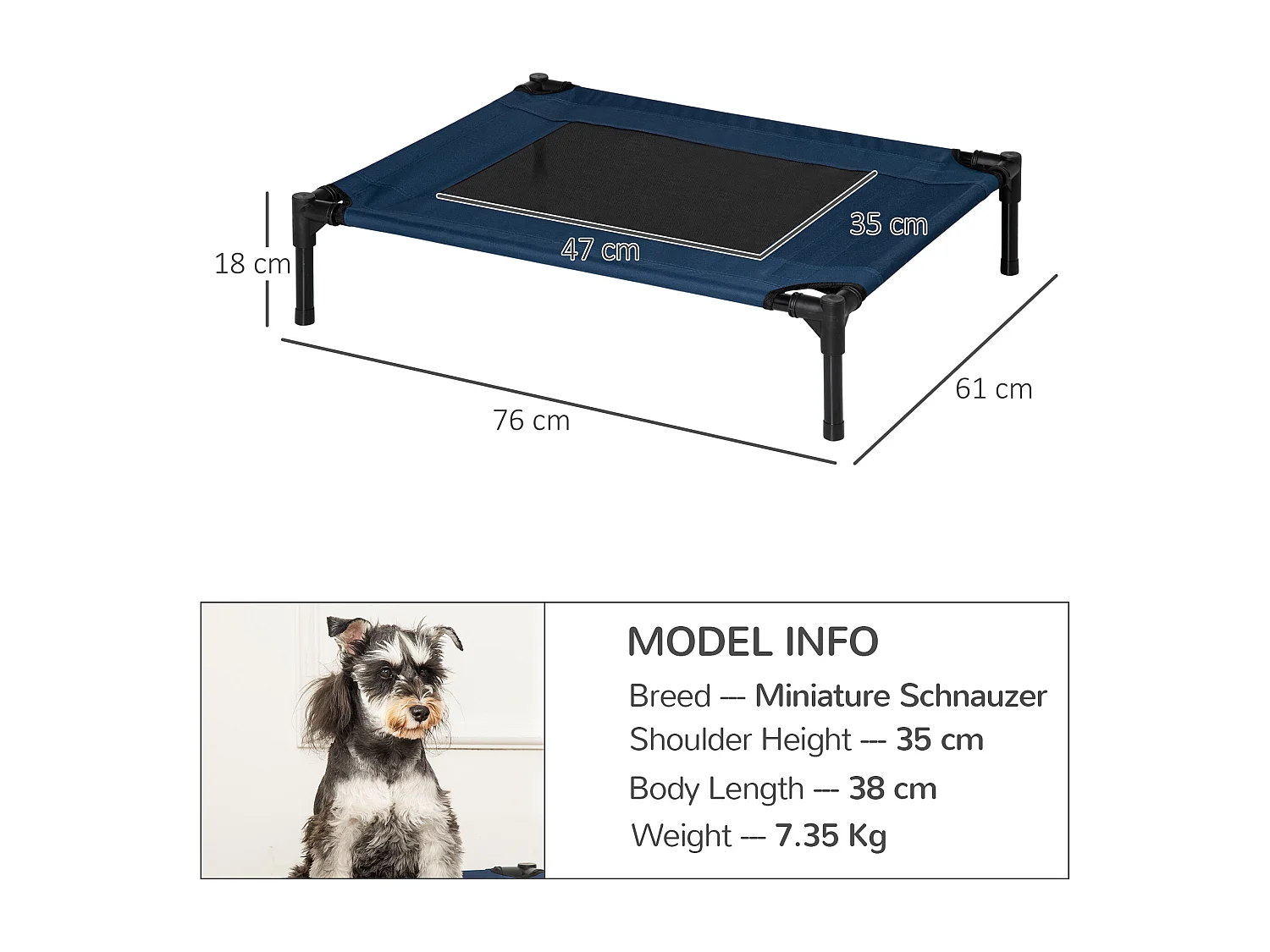 Letto rialzato per cani fino 20kg, campeggio, impermeabile - 76x61x18cm