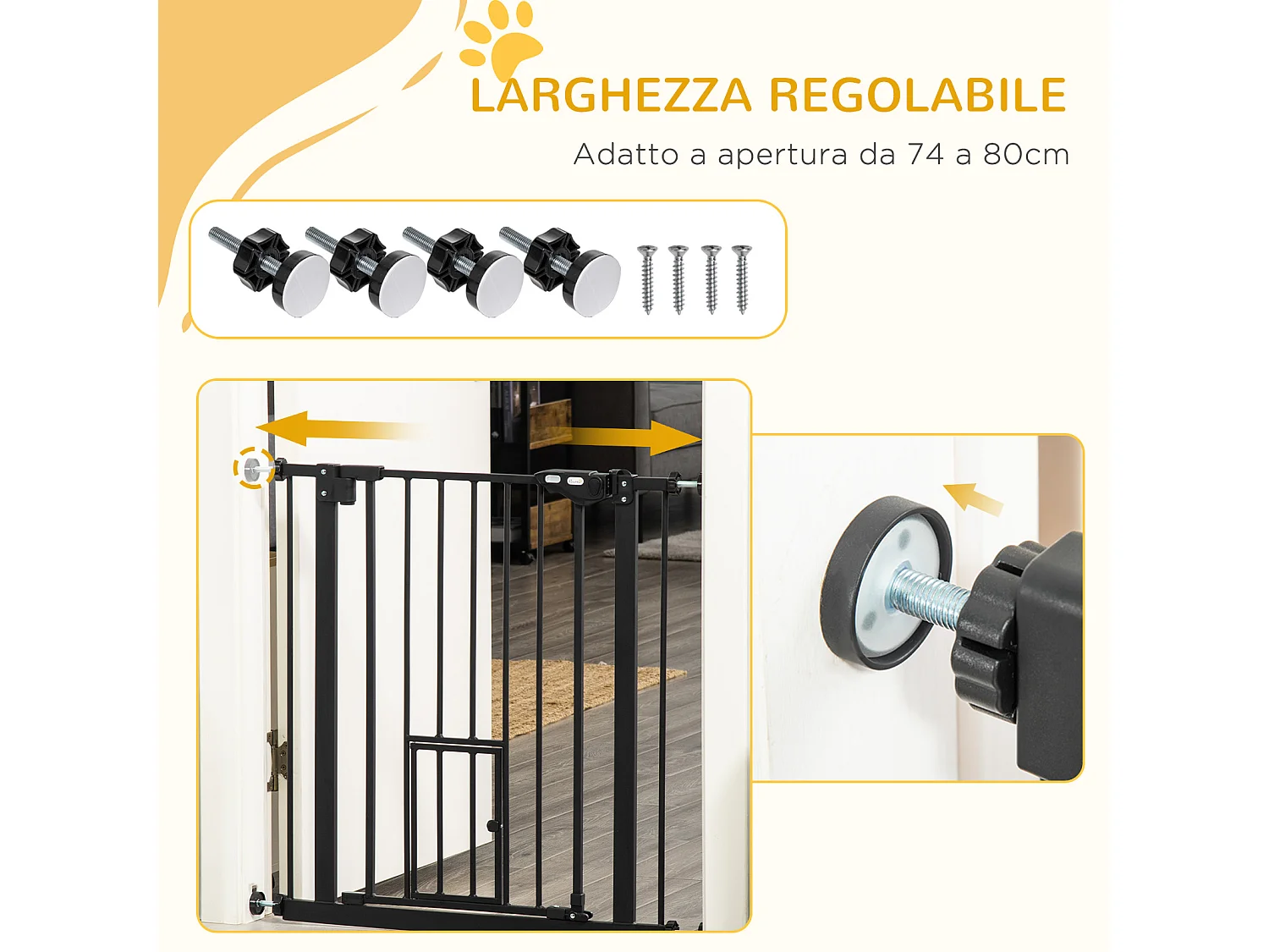 Cancelletto per cani estensibile da 74-80 cm con chiusura automatica nero