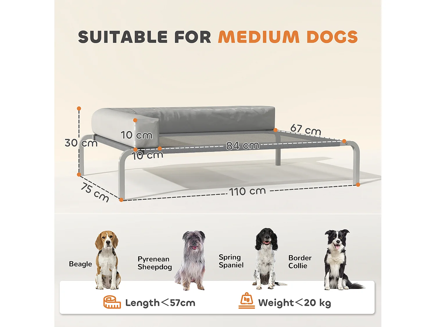 Lettino per cani rialzato con cuscino a l grigio chiaro e argento