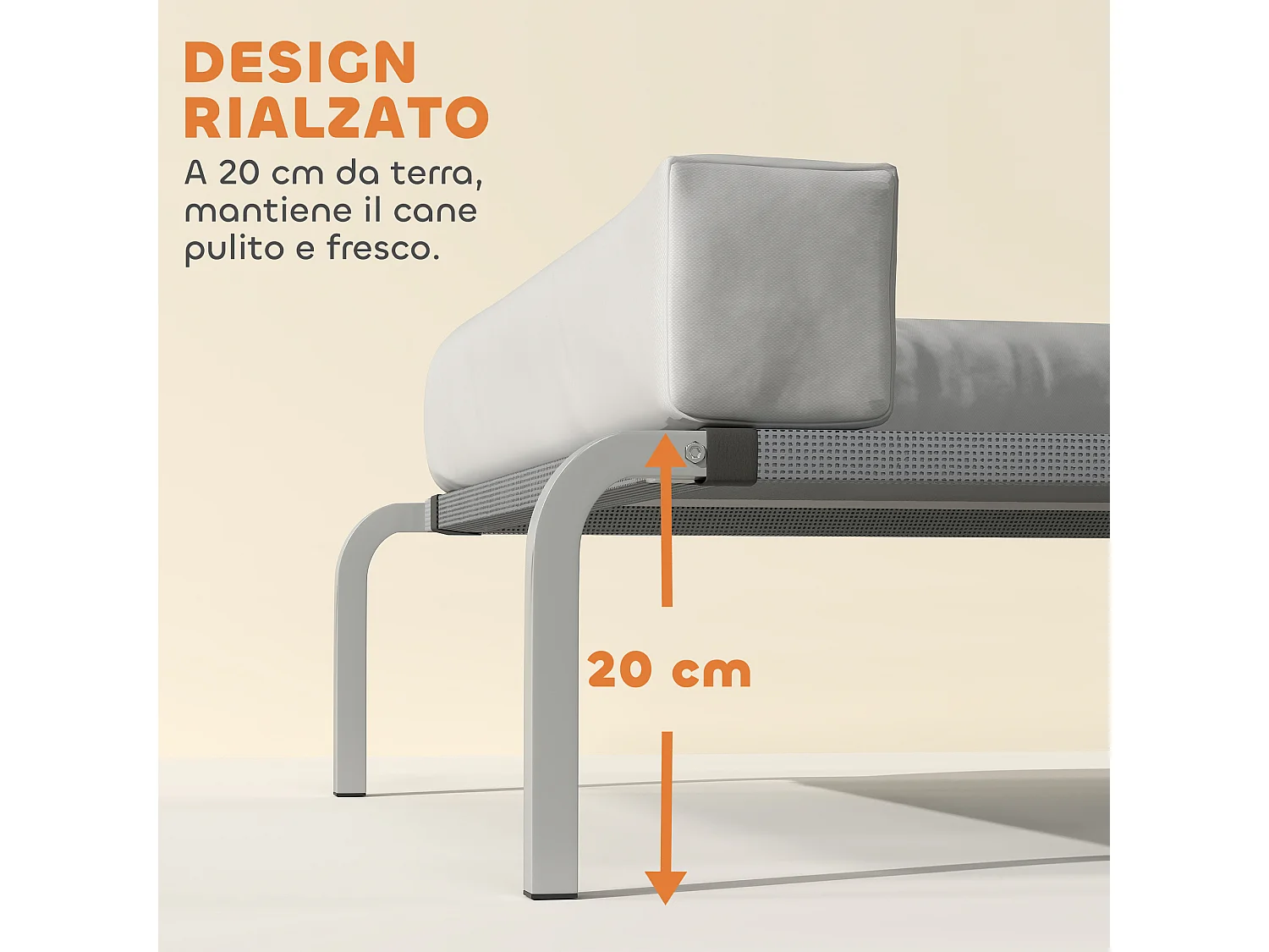 Lettino per cani rialzato con cuscino a l grigio chiaro e argento