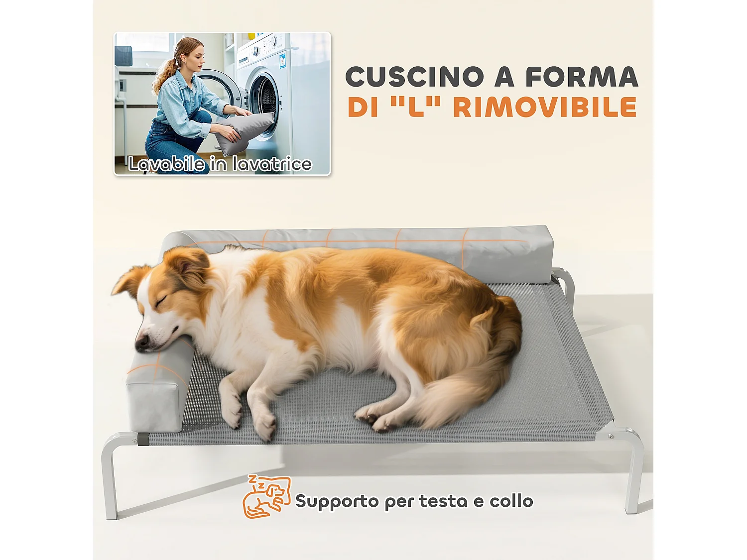 Lettino per cani rialzato con cuscino a l grigio chiaro e argento