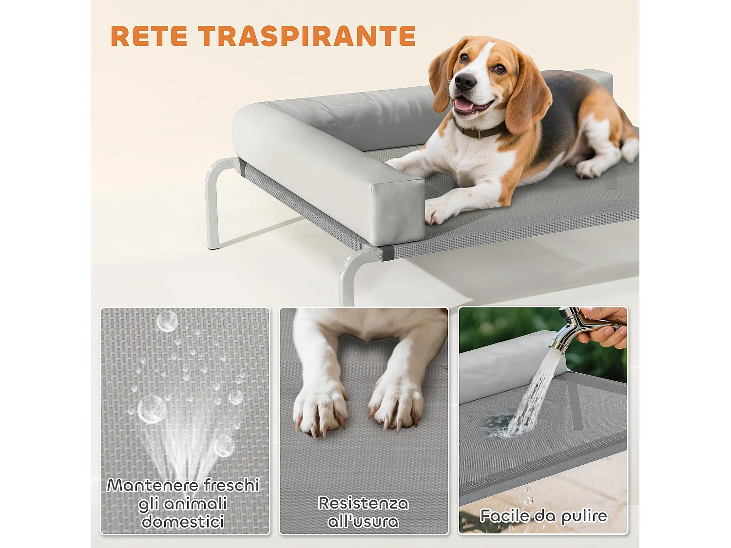 Lettino per cani rialzato con cuscino a l grigio chiaro e argento