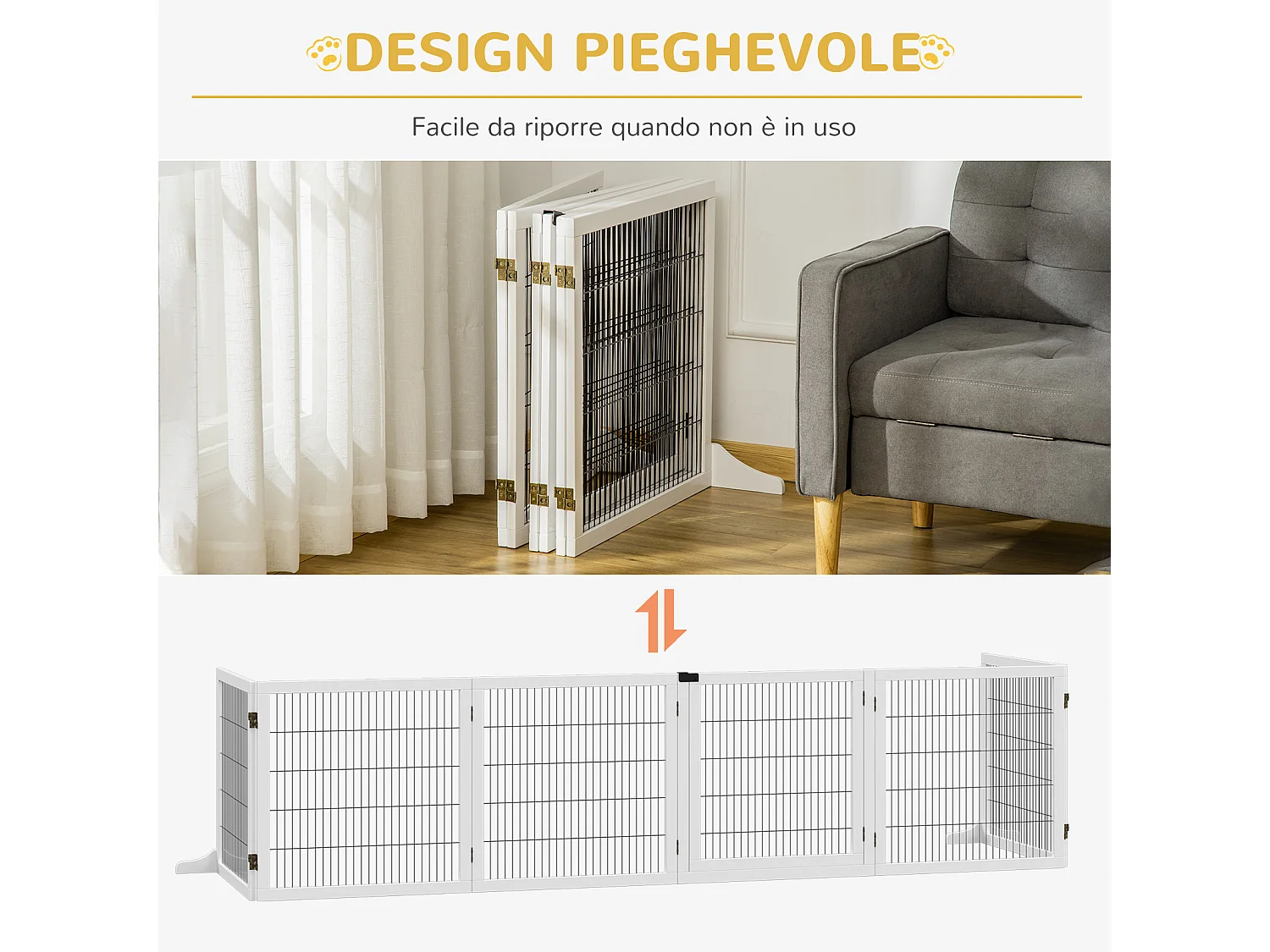 Cancelletto per cani in legno e acciaio a 6 pannelli pieghevoli