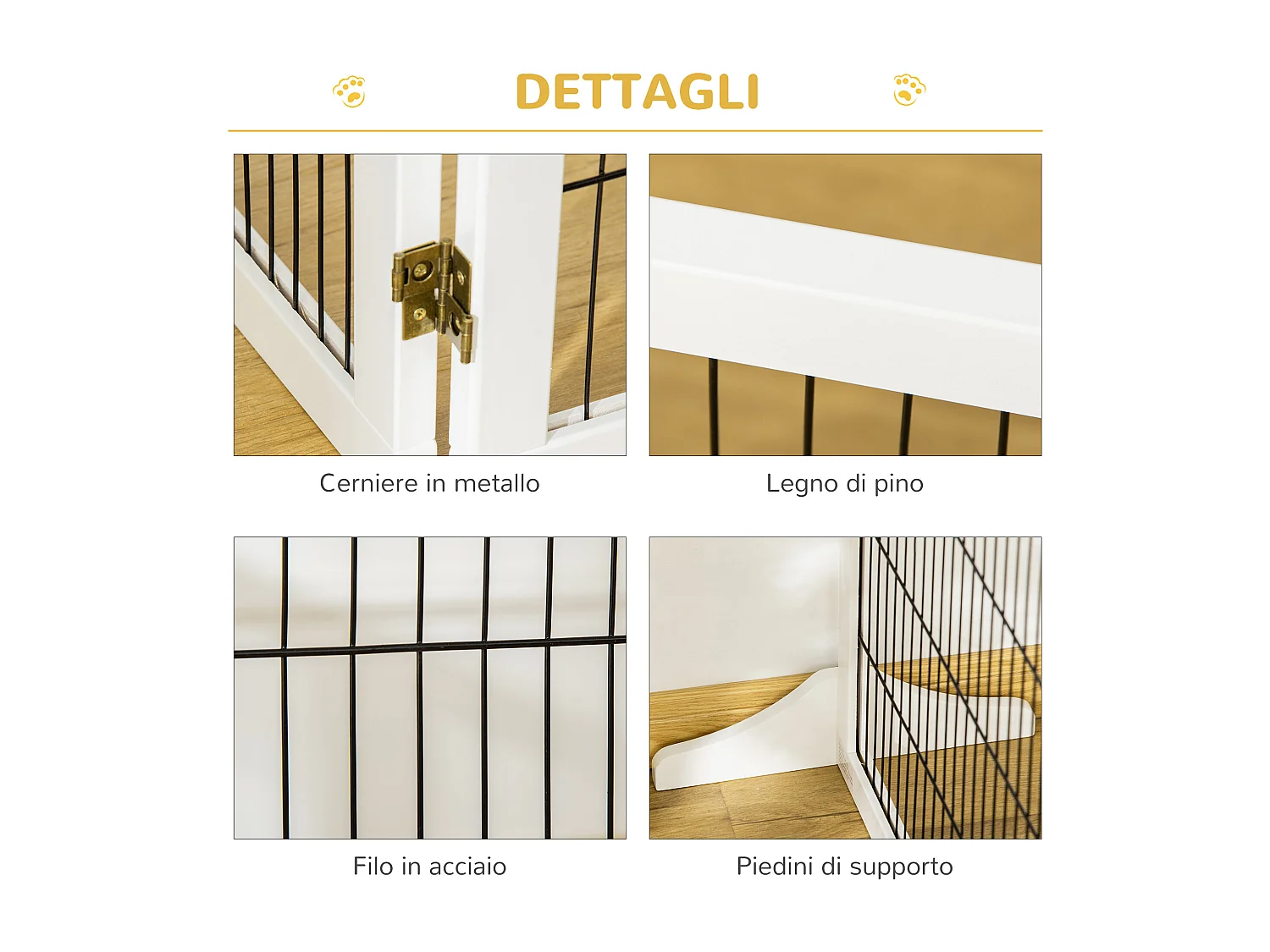 Cancelletto per cani in legno e acciaio a 6 pannelli pieghevoli