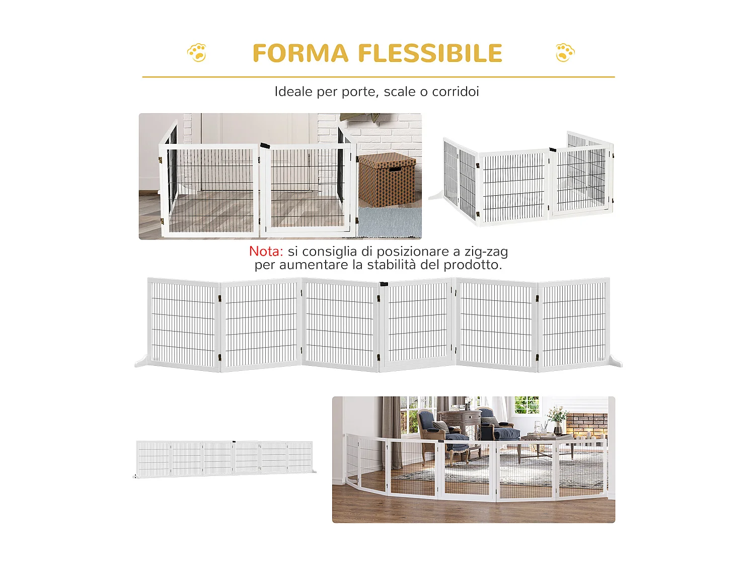 Cancelletto per cani in legno e acciaio a 6 pannelli pieghevoli