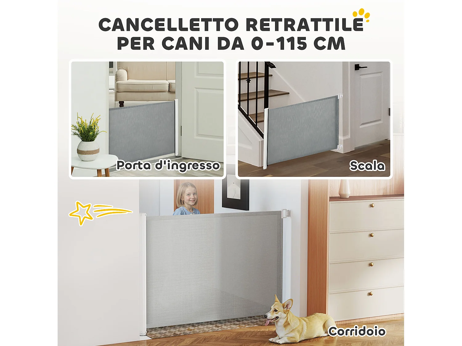 Cancellino per cani estensibile fino a 115 cm bianco e grigio