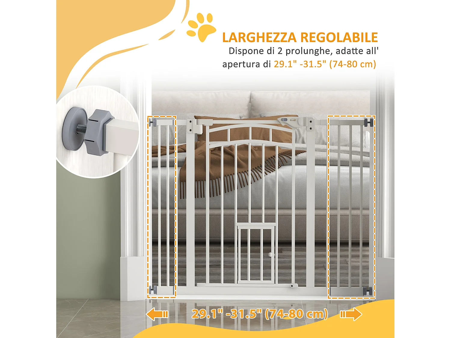 Cancellino per cani estensibile 74-100x76 cm in acciaio e pa bianco