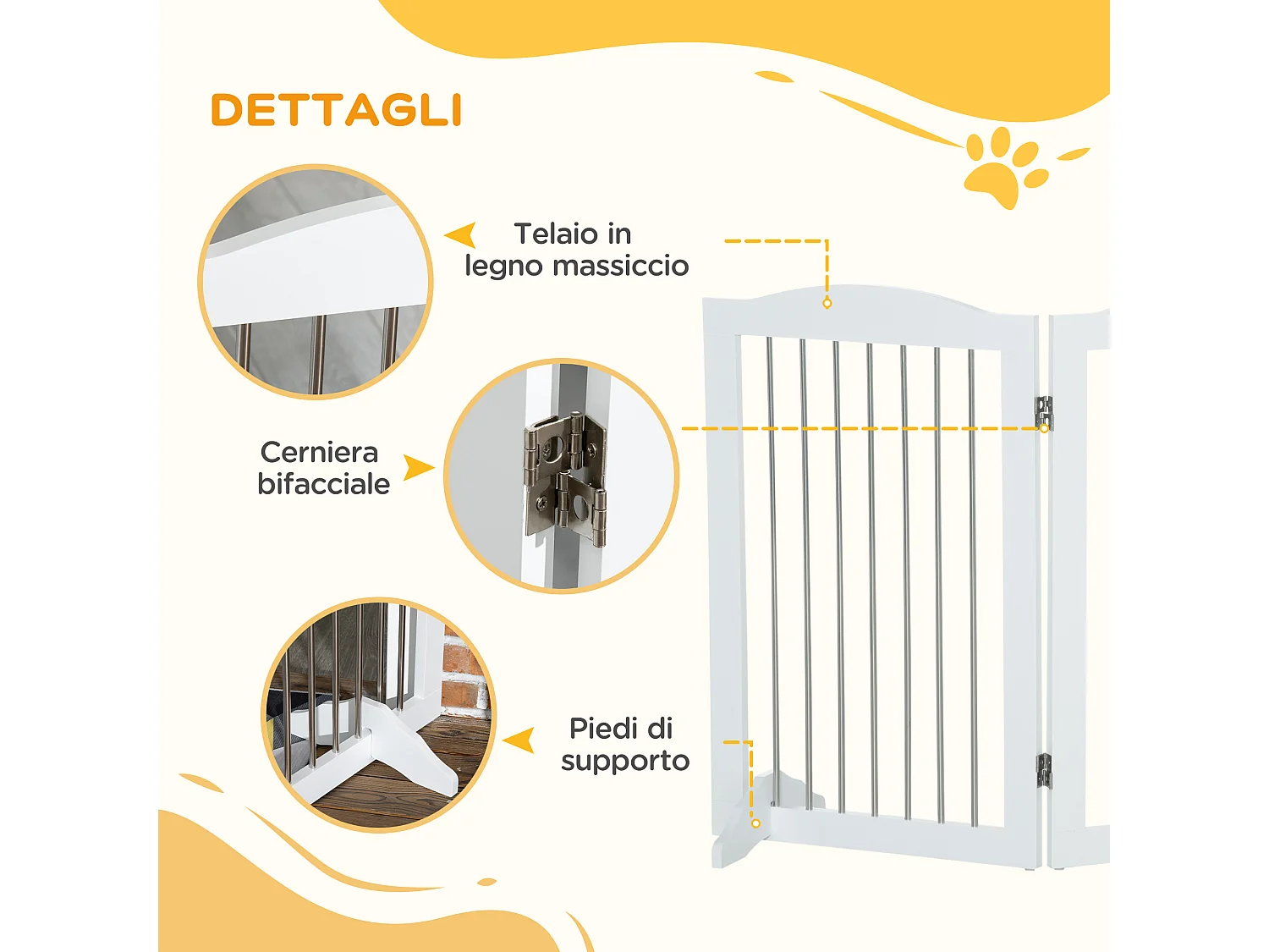 Cancellino per cani pieghevole a 3 pannelli in mdf e acciaio bianco