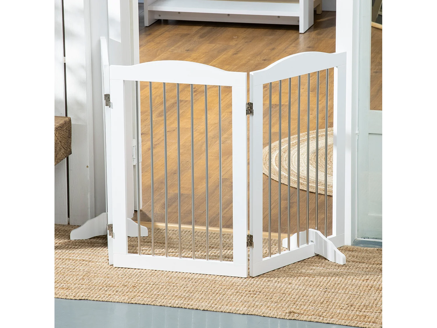 Cancellino per cani pieghevole a 3 pannelli in mdf e acciaio bianco