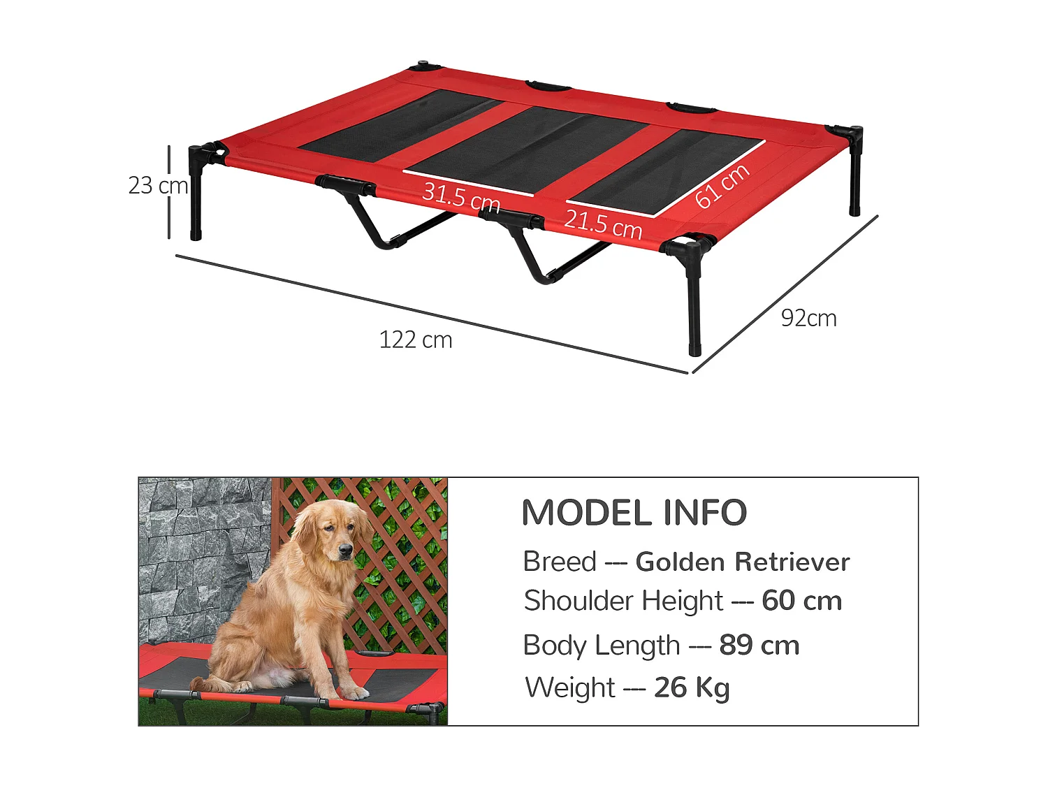 Lettino per cani rialzato in metallo e tessuto oxford rosso