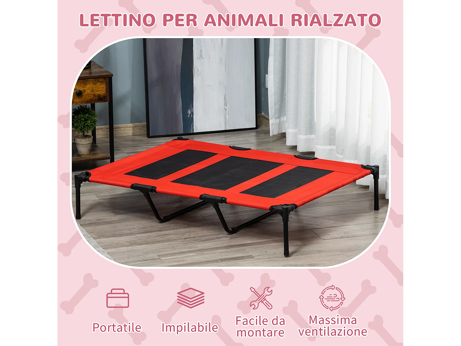 Lettino per cani rialzato in metallo e tessuto oxford rosso