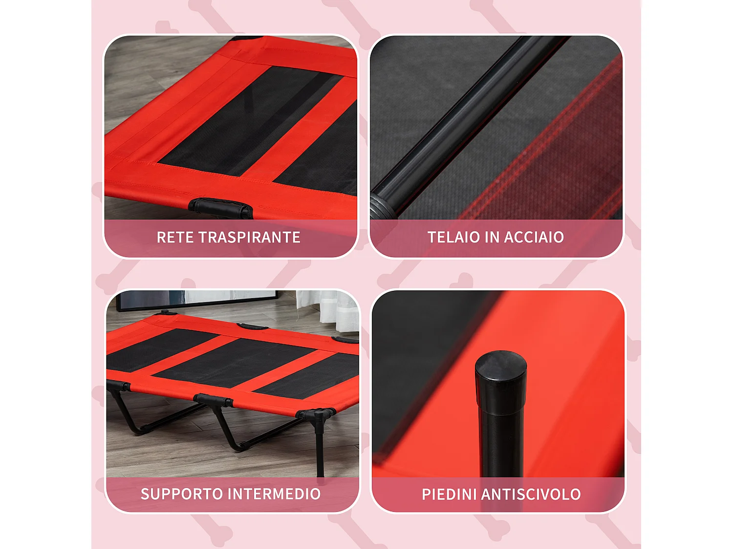 Lettino per cani rialzato in metallo e tessuto oxford rosso