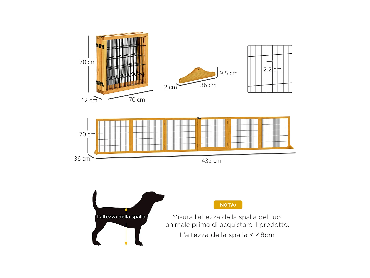 Cancelletto per cani in legno e acciaio 6 pannelli pieghevoli 432x36x70cm