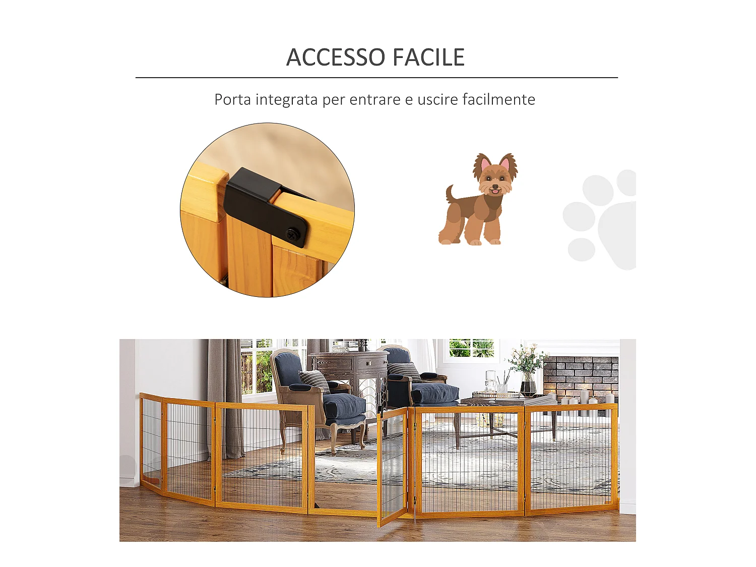 Cancelletto per cani in legno e acciaio 6 pannelli pieghevoli 432x36x70cm