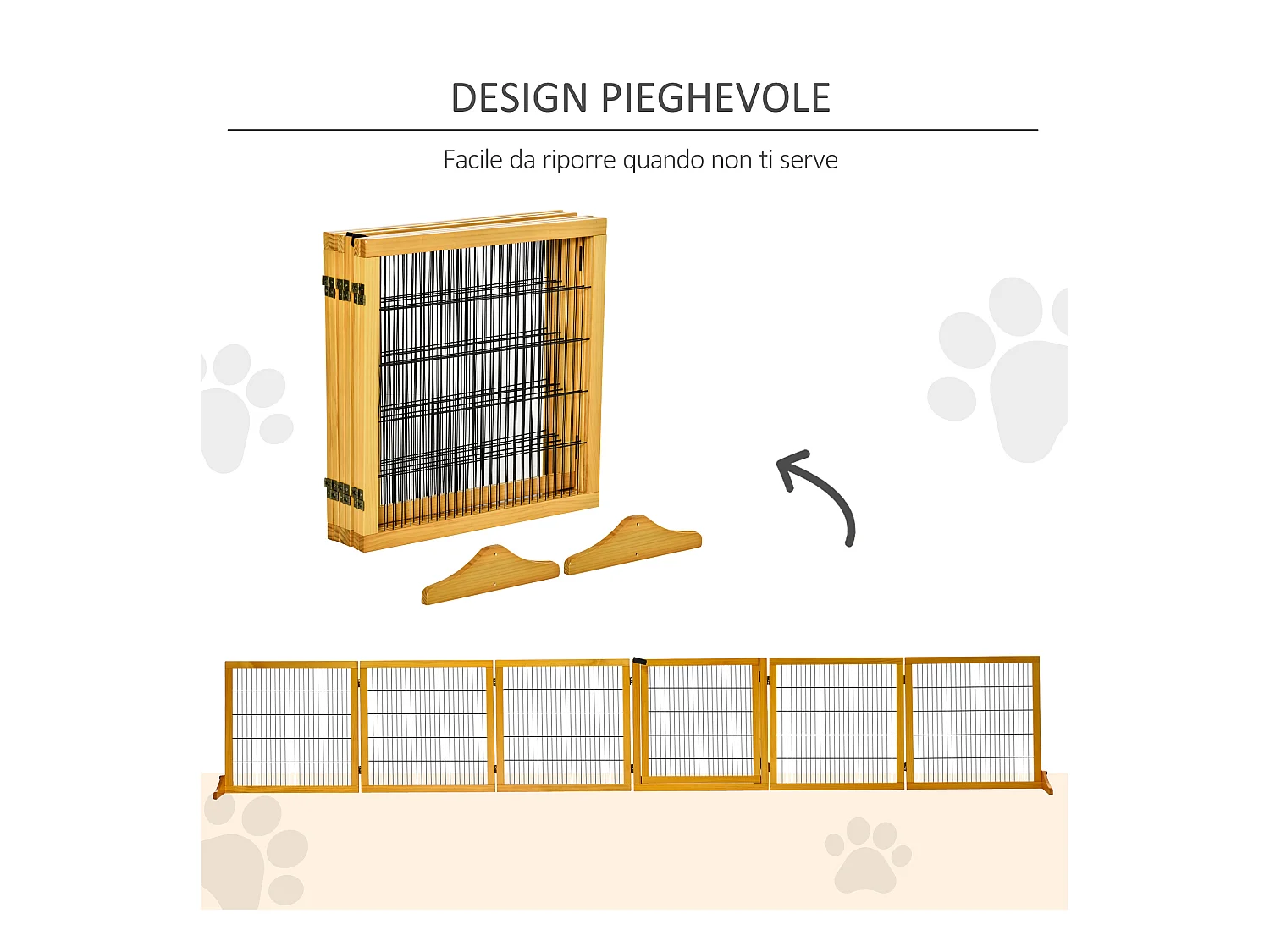 Cancelletto per cani in legno e acciaio 6 pannelli pieghevoli 432x36x70cm