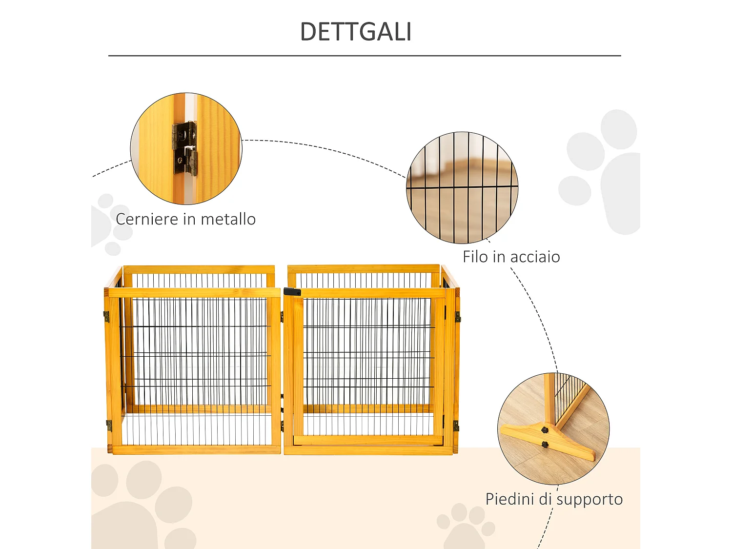 Cancelletto per cani in legno e acciaio 6 pannelli pieghevoli 432x36x70cm