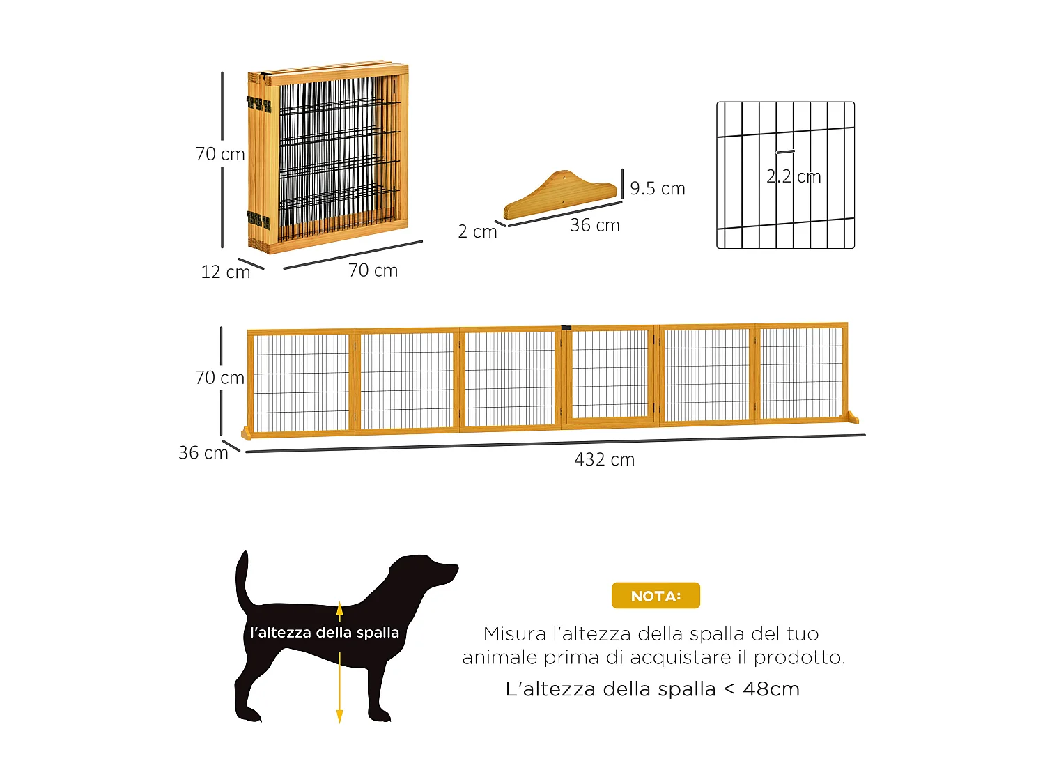Cancelletto per cani in legno e acciaio 6 pannelli pieghevoli 432x36x70cm