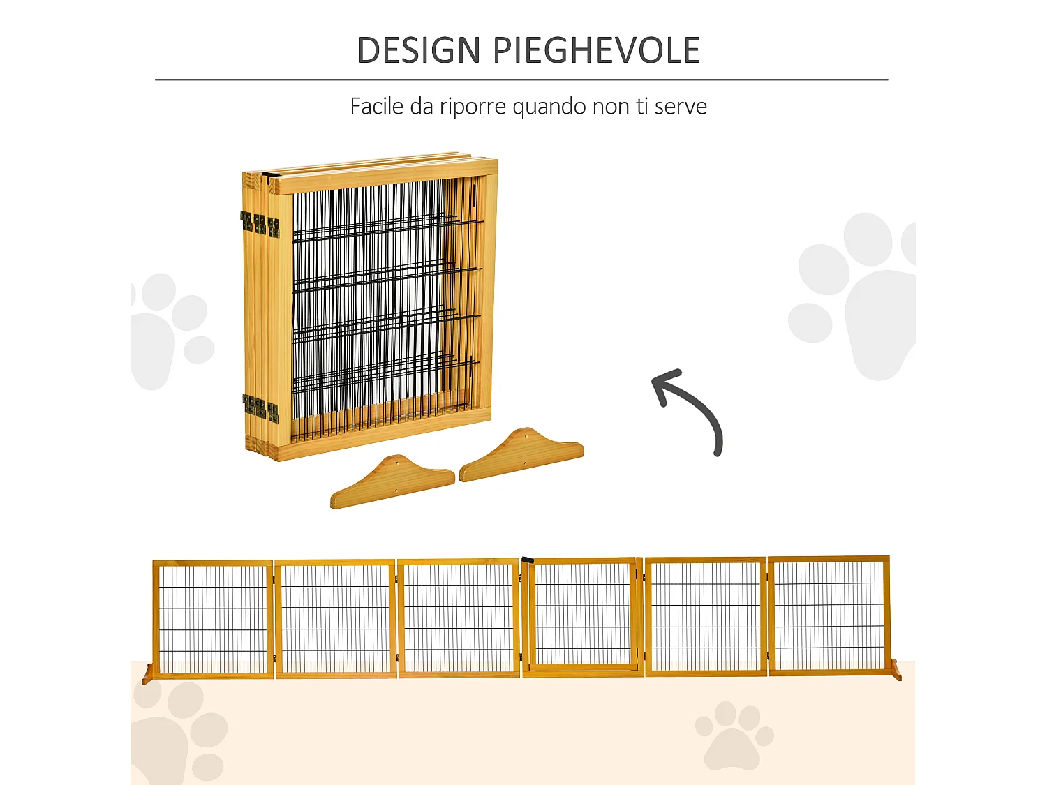 Cancelletto per cani in legno e acciaio 6 pannelli pieghevoli 432x36x70cm