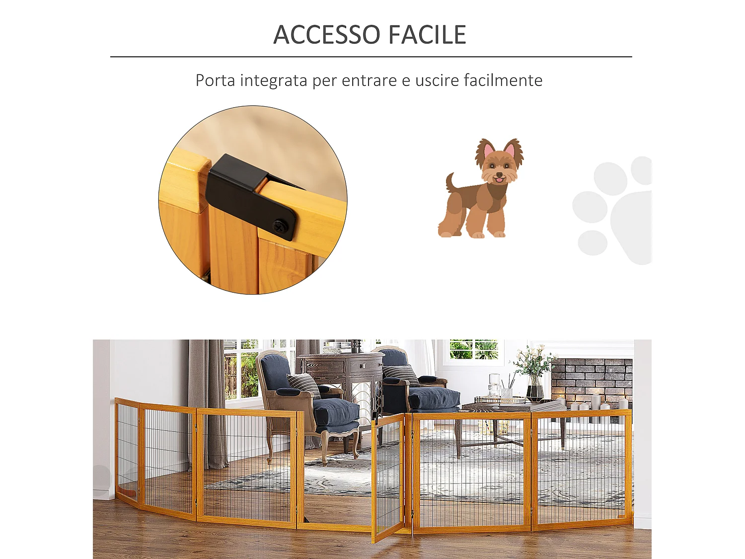 Cancelletto per cani in legno e acciaio 6 pannelli pieghevoli 432x36x70cm