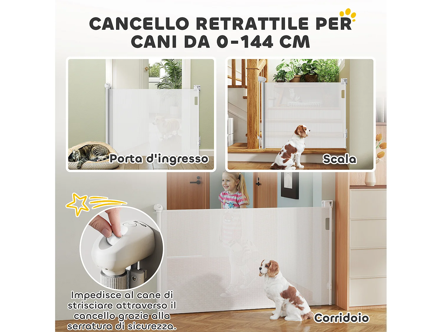 Cancellino per cani estensibile 0-144cm con blocco automatico bianco