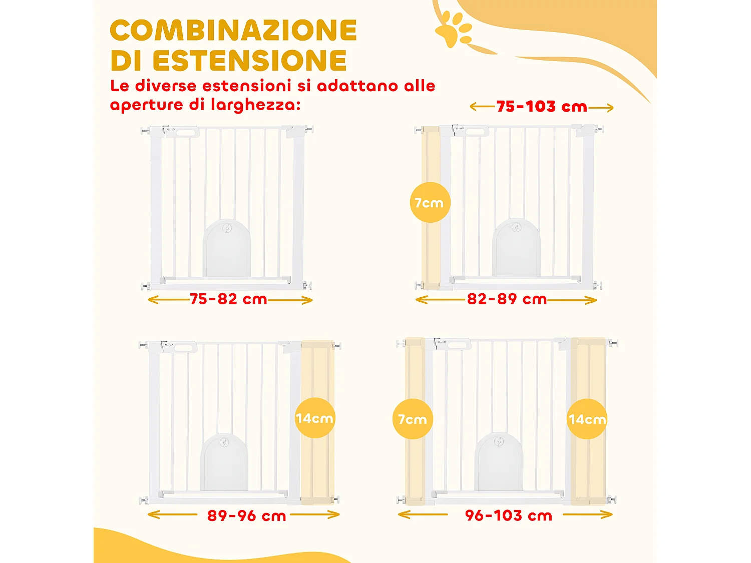 Cancellino cani 75-103cm con porta piccola e chiusura automatica bianco