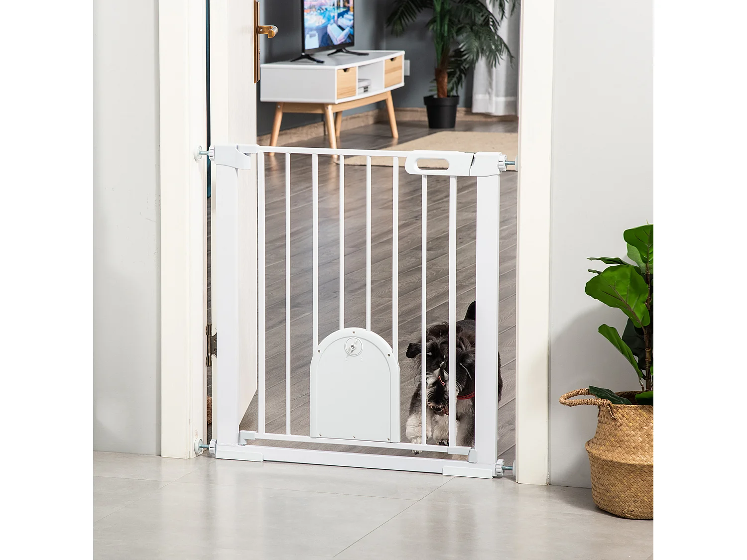 Cancellino cani 75-103cm con porta piccola e chiusura automatica bianco