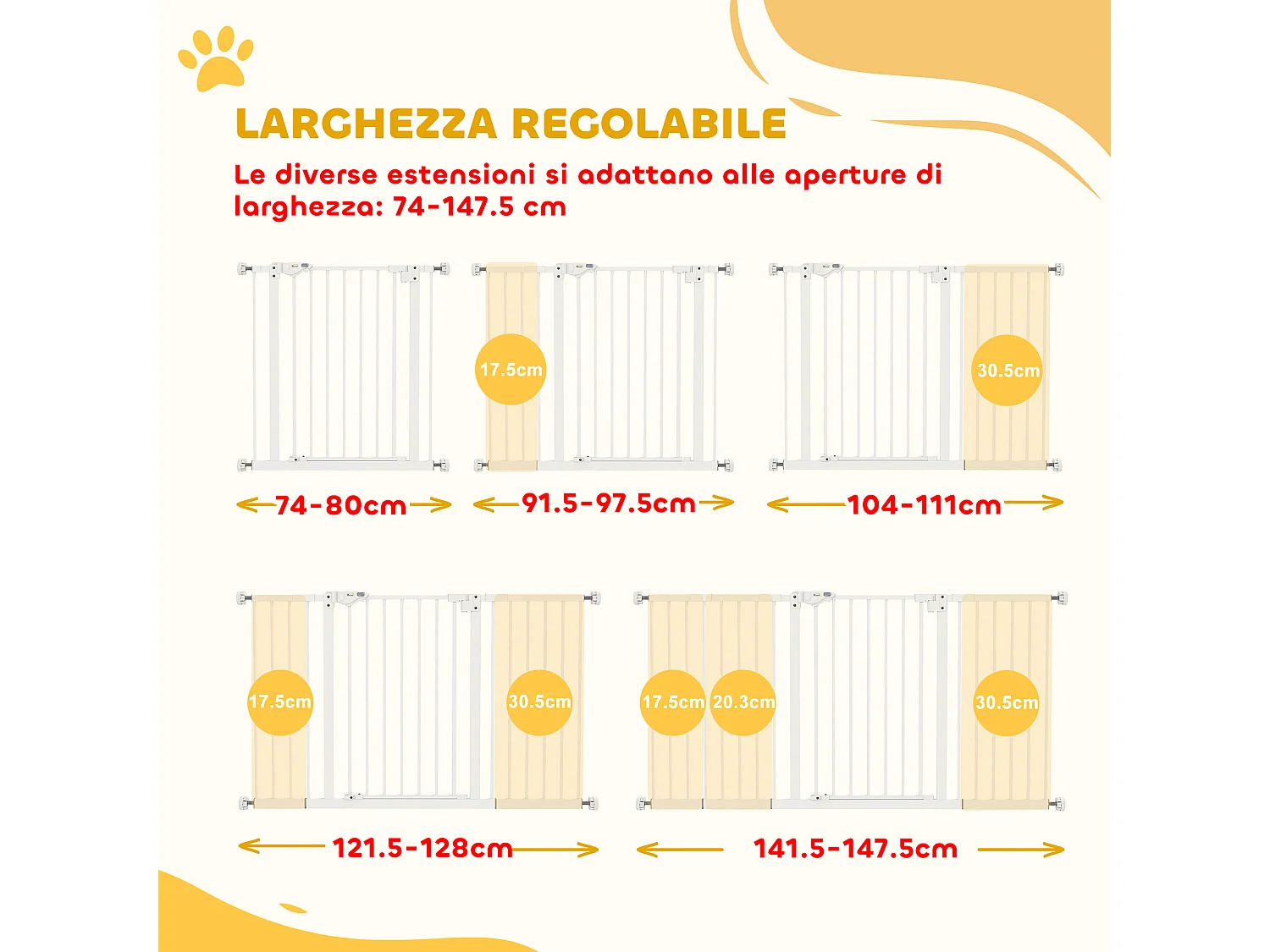Cancellino per cani a 3 estensioni larghezza regolabile 74-148cm bianco