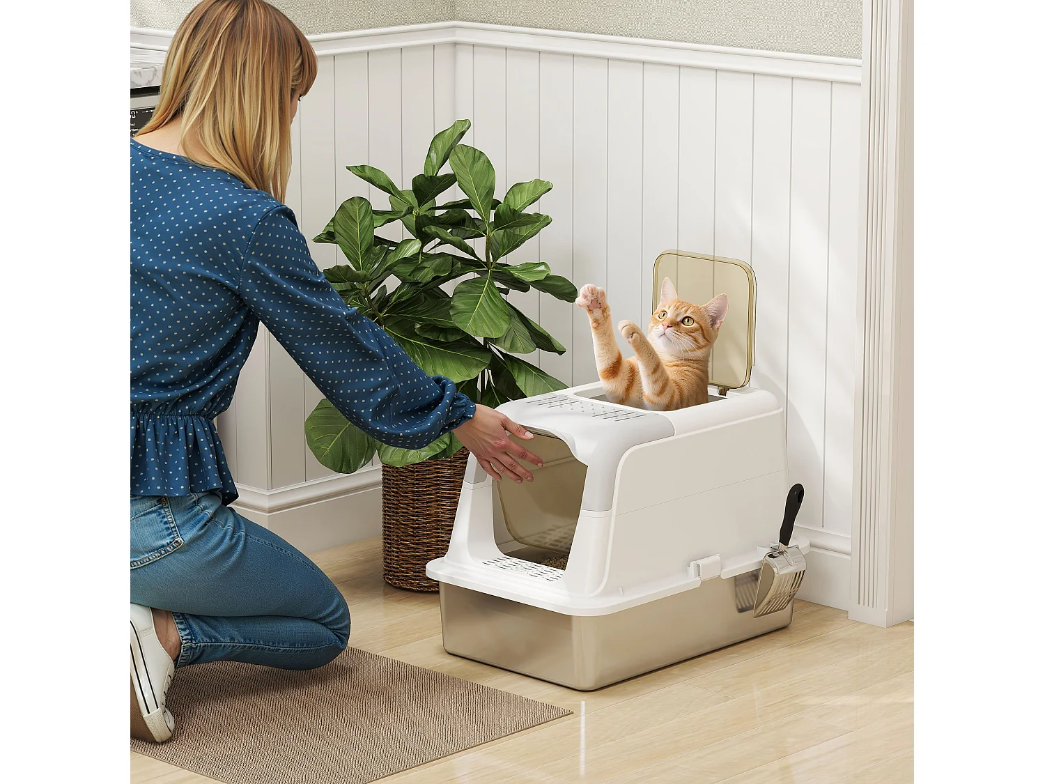 Lettiera per gatti a 2 ingressi con deodorante e paletta bianco e grigio