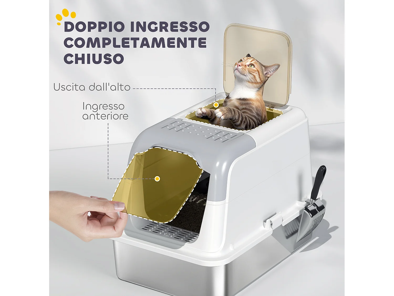 Lettiera per gatti a 2 ingressi con deodorante e paletta bianco e grigio