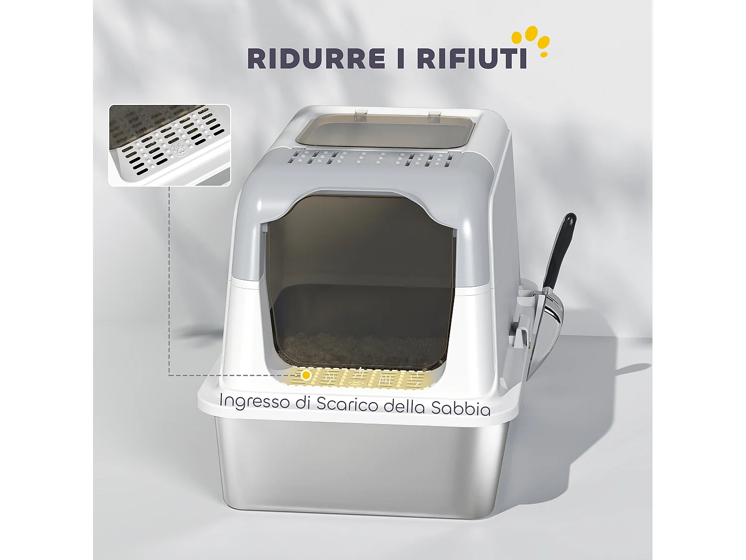 Lettiera per gatti a 2 ingressi con deodorante e paletta bianco e grigio