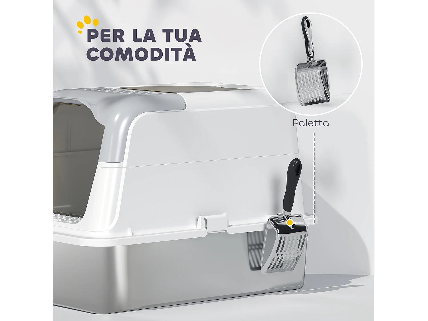 Lettiera per gatti a 2 ingressi con deodorante e paletta bianco e grigio